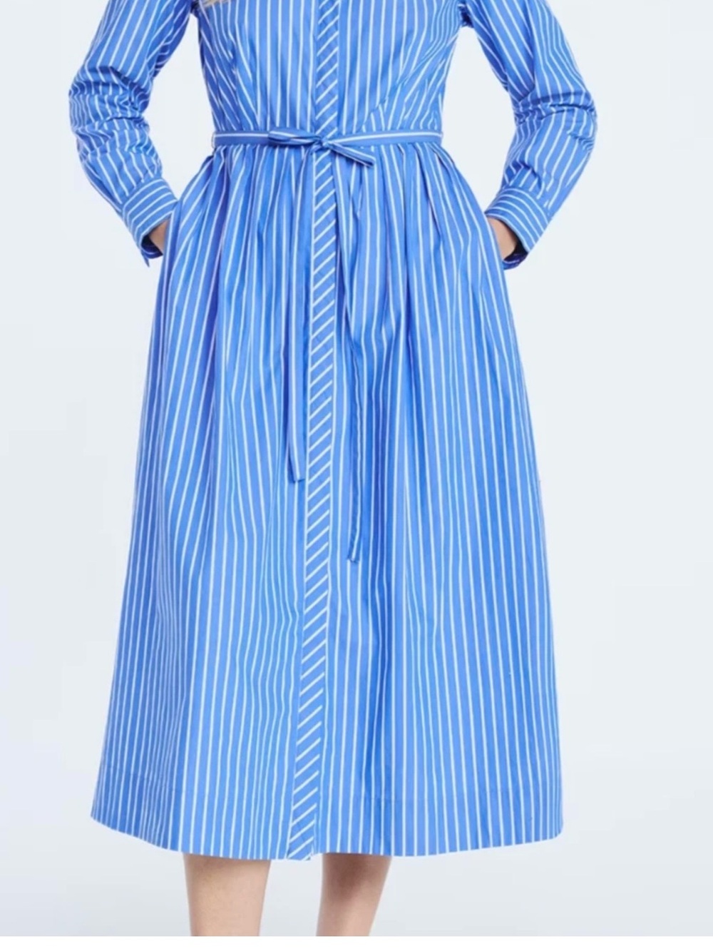 Striped Blue Midi Shirt Dress with Tie Waist